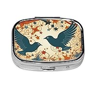 Bird Theme Style Print Pill Box Square 3 Compartment Pill Case Portable Travel Pill Organizer Mini Medicine Storage Box for Pocket Purse Metal Decorative Pill Holder for Daily Medicine