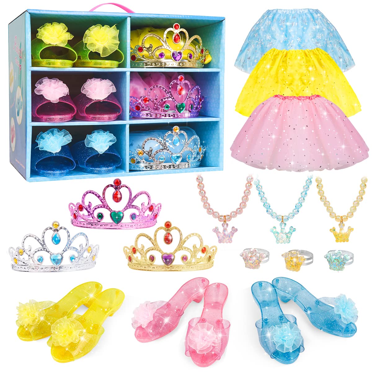 Meland Princess Dress Up - Dress Up Clothes for Little Girls - Kids Dress Up & Pretend Play with 3 Skirts, 3 Pairs of Princess Shoes, 3 Tiaras, Jewelry - Princess Toys for Girls Age 3,4,5,6 Year Old