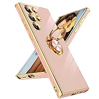 LeYi for Samsung Galaxy S22 Ultra Case 360° Rotatable Ring Holder Magnetic Kickstand, Plating Rose Gold Edge Protective Galaxy S22 Ultra Case, Pink