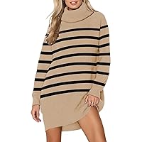 Pink Queen Women's 2023 Oversized Sweater Dresses with Pockets Turtleneck Long Sleeve Ribbed Pullover Knit Stripe Tops