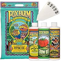 Fox Farm Starter Bundle | Big Bloom, Grow Big, Tiger Bloom (Pack of 3-16 oz. Bottles) | 12 Quart Ocean Forest Garden Potting Soil Bag | The Hydroponic City Stakes