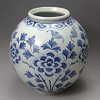 MellowBreez 12'' Korean Blue and White Flower Round Vase - Authentic Handmade Artwork, Antique Style Asian Home Decoration - Flower Vase for Dining Room Ornament, Livingroom Decor Accent