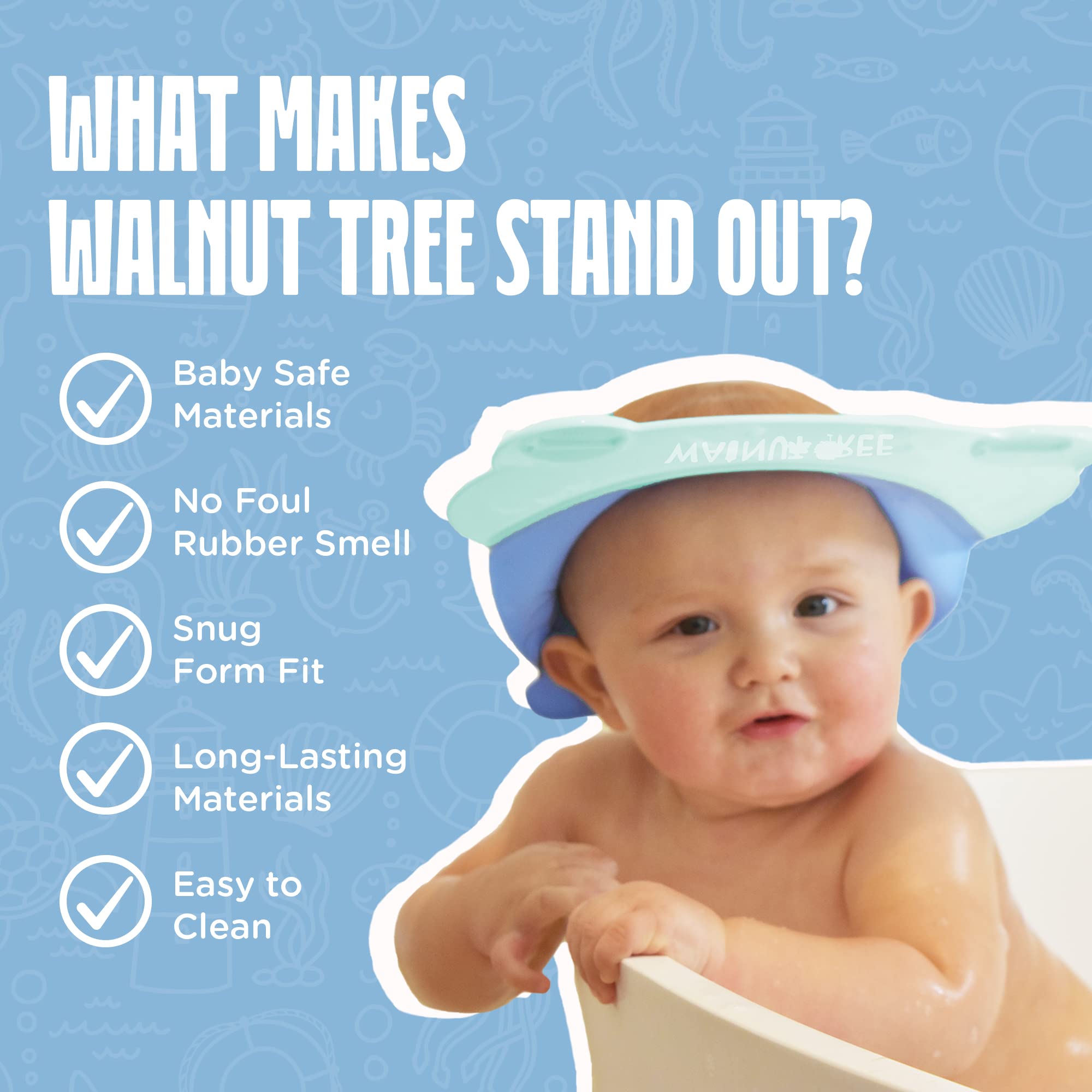 Walnut Tree Infant Love Baby Essential Shower Cap Hat | Baby Bath Head Cap Visor for Washing Hair - USA Pediatricians Recommended Shower Protection [11 MONTHS OLD+ RECOMMENDED] (Sky Blue)