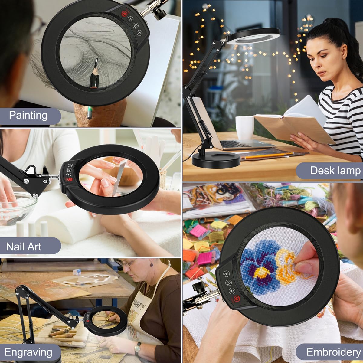 10X Magnifying Glass with Light, Krstlv Upgrade Button 5 Color Modes  Stepless Dimmable 2-in-1 LED Lighted Desk Lamp & Clamp, Hands Free  Magnifier with