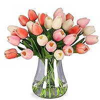 30pcs Tulips Artificial Flowers, Real Touch Fake Flowers Home Decor, Faux Tulips Bouquets Arrangements for Spring Easter Mothers Day Wedding Dining Room Table Decoration(3 Colors)