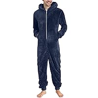 Mens Winter Warm Fleece One Piece Hooded Footed Zipper Pajamas Set, Big and Tall Plus Size Cozy Soft Adult Onesie Footie