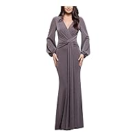 Betsy & Adam Long Sleeve V-Neck Met Knit Long Gown