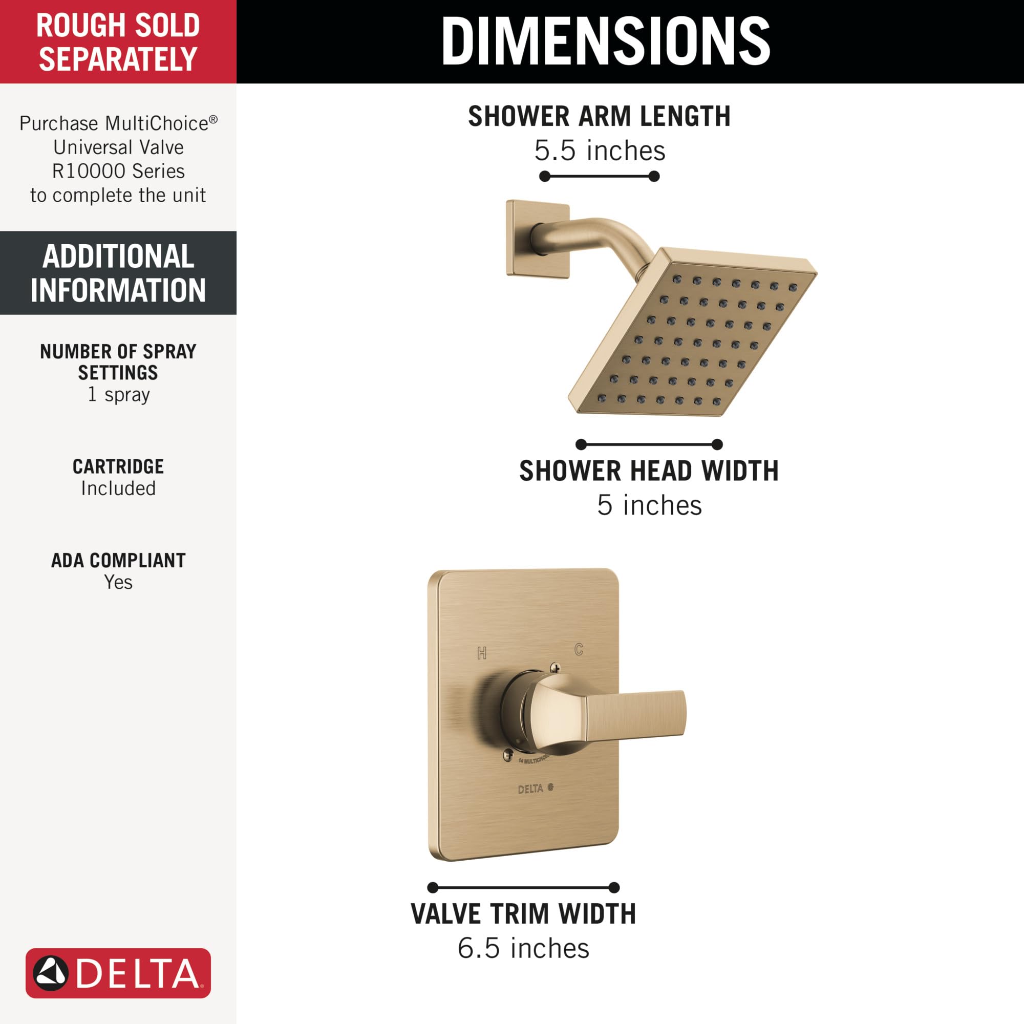 Delta Faucet Velum 14 Series Single-Function Gold Shower Faucet Set, Valve Trim Kit, Shower Handle, Delta Shower Trim Kit, Shower Set, Champagne Bronze T14237-CZ (Valve Not Included)