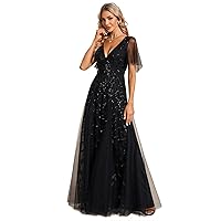 Ever-Pretty Women's Sequin Sparkly V-Neck Short Sleeve Maxi Evening Dress Prom Gowns 00734