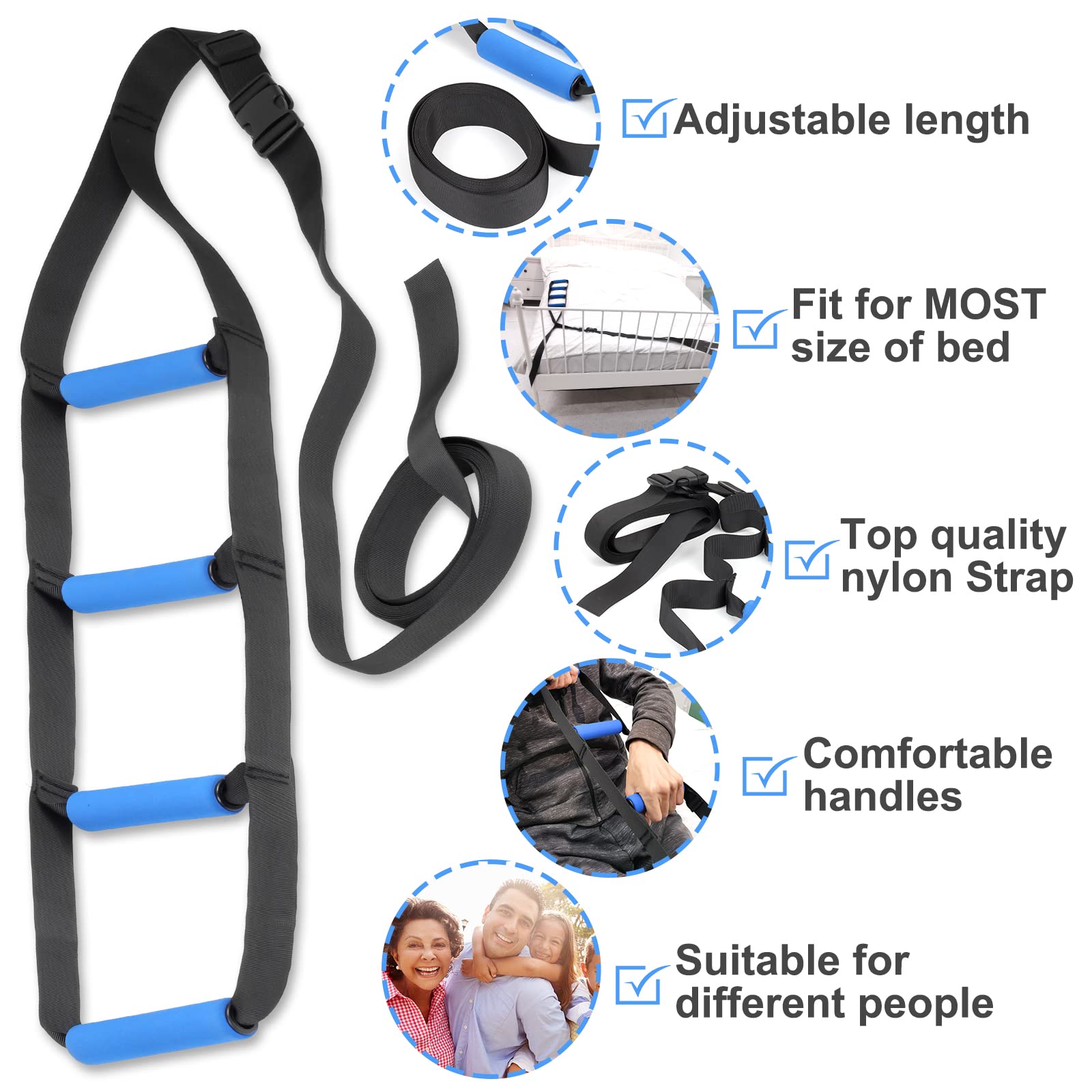 Homymusy Bed Ladder Assist,Pull up Helper and Sit up Helper with 4 Handle Grips (160 INCHES,1 Pack)