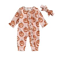 Newborn Baby Girl Halloween Outfit Pumpkin Romper Long Sleeve Ruffle Zipper Onesie Jumpsuit Fall Winter Clothes (Pumpkin Romper+Headband,3-6 Months)