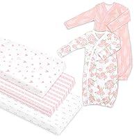 Organic Cotton Bundle of 3 Changing Pad Covers and 2 Kimono Gowns 0-6 Mo for Baby Girl, Shower Gift