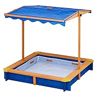 Teamson Kids Outdoor 46 in. x 46 in. Spruce Sand Box with Adjustable Canopy and 300 lb. Sand Capacity, Blue and Wood