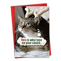 NobleWorks - Funny Animal Merry Christmas Winter Holiday Greeting Card with 5 x 7 Inch Envelope, Xmas Cat Humor for Men and Women and Pet Lovers (1 Card) - Pee On Couch 1130