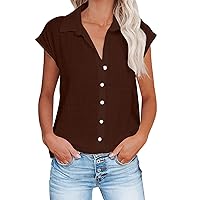 Summer Tops for Women Trendy Cotton Linen Button Down Shirts Dressy Cap Sleeve Collared Business Soft Casual Blouses