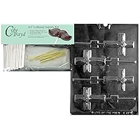 Cybrtrayd Small Cross Lolly Chocolate Candy Mold Supply Kit, Includes 4.5-Inch Lollipop Sticks, Cello Bags and 50 Metallic Twist Ties, 3-1/8
