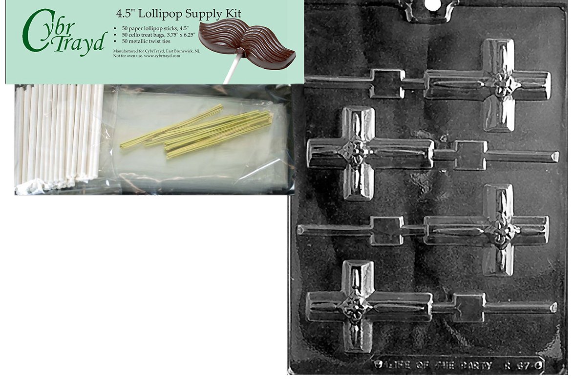 Cybrtrayd Small Cross Lolly Chocolate Candy Mold Supply Kit, Includes 4.5-Inch Lollipop Sticks, Cello Bags and 50 Metallic Twist Ties, 3-1/8