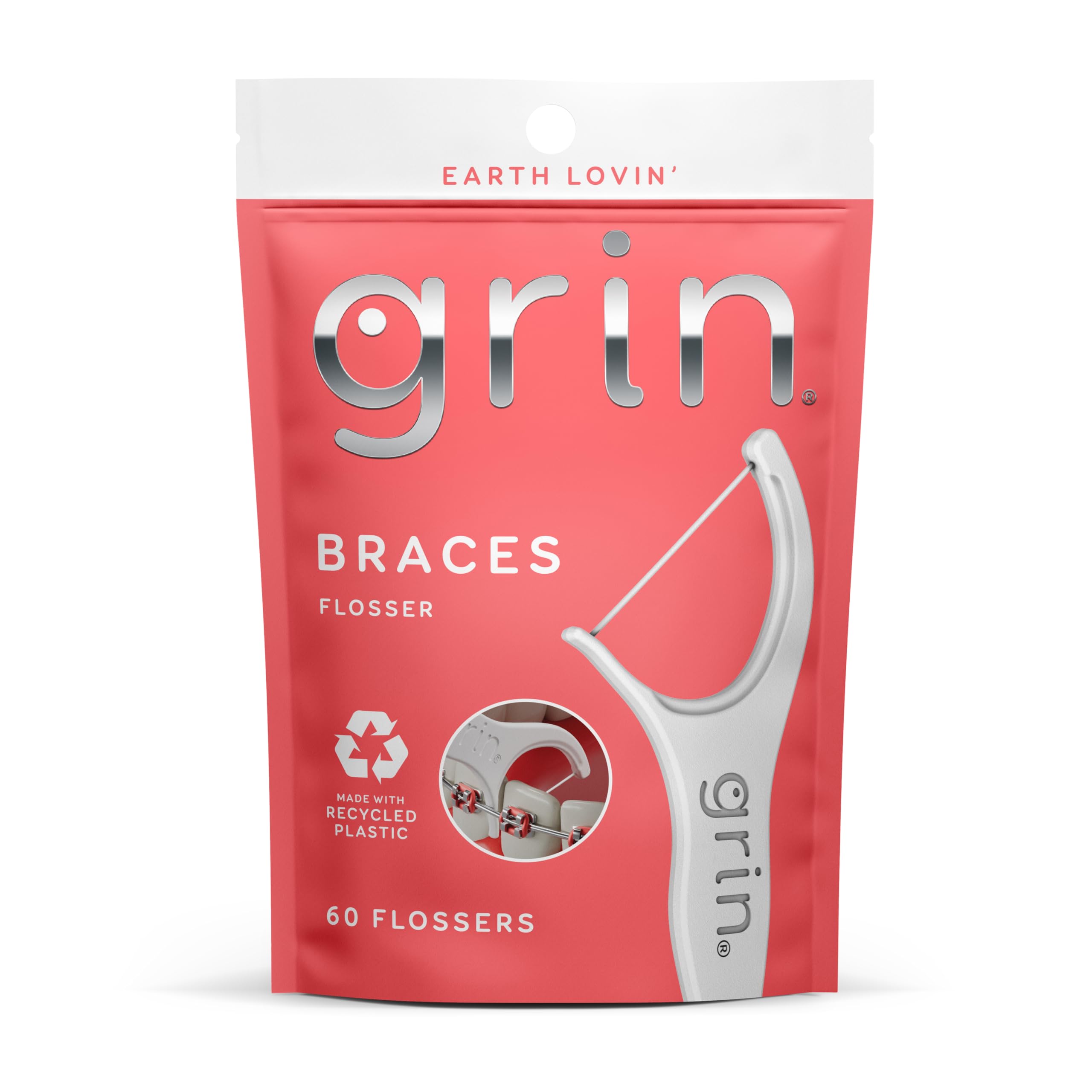 GRIN Braces Flosspyx, Floss Picks Designed for Braces, 60 Count, Dental Flossers, Recycled Plastic, Ortho Approved, Premium Thin Floss, Includes Handy Wax Scraper and Pick