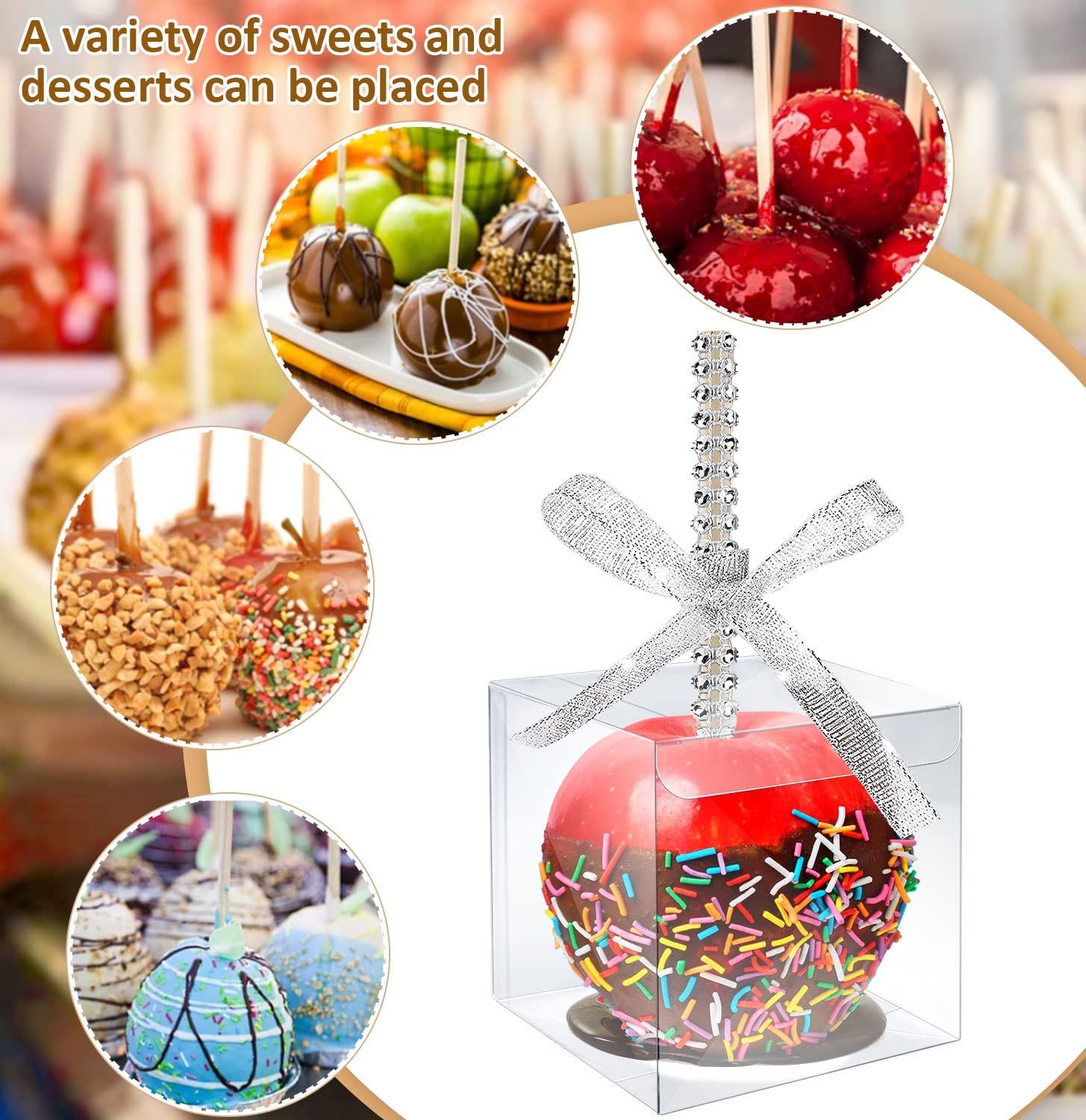MGWOTH Candy Apple Boxes with Bling Stick Hole Set, 20 Pack Caramel Apple Wrapping Kit with Clear Containers & Rhinestone Bamboo Skewers & Glitter Ribbons,Decorative Top for Cake Pop Chocolate Treat