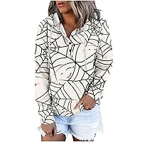 Halloween Hoodie for Women Spider Web Printed Graphic Hooded Sweatshirt Button Collar Drawstring Pullover Casual Top