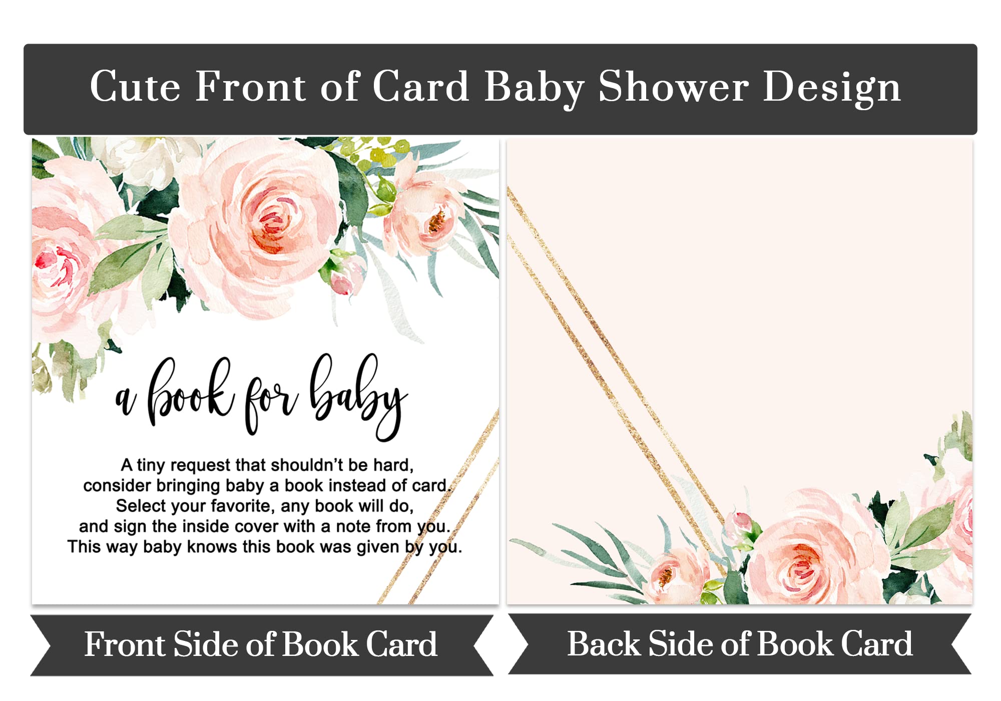 Paper Clever Party Graceful Floral Bring a Book Cards for Baby Shower (25 Pack) Bear Invitation Insert for Girls Parties – Rustic Theme Pink and Gold – 4x4 Printed Card Set