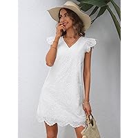 Women's Dress Eyelet Embroidery Scallop Trim Dress (Color : White, Size : Large)