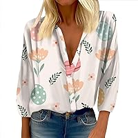Womens 3/4 Sleeve Park Extra Long Shirt Casual Beautiful Button-Down Stretchy Shirts Printing Loose Fit Trendy Tops