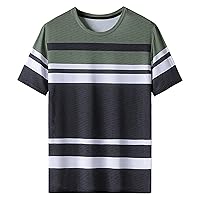 Men's Striped Colorblock T-Shirts Basic Cotton Crewneck Short-Sleeve Fashion Retro Stitching Print Tee Top