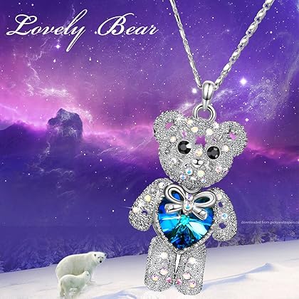 Special Outlook Teddy Bear Necklace - Blue Love Heart Crystal Pendant - Cute Birthstone Jewelry for Women and Girls