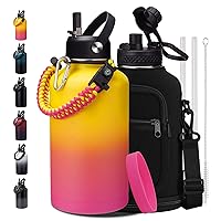 64 oz Insulated Water Bottle - with Straw, Spout Lids, Bottle Sleeve & Paracord Handle, Sports Gym Workout Metal Waterbottle Cold 24H, Hot 12H, Half Gallon Stainless Steel Water Jug Thermo Flask
