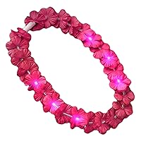 Pink LED Flower Lei Necklace - 31 Inch Light-Up Satin Hawaiian Garland - Metal-Free and Replaceable Batteries