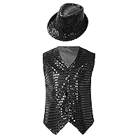 Unisex Kids Sequin Button Down Vest with Hat Set Jazz Modern Dance Performance Costume Ballroom Party Outfits