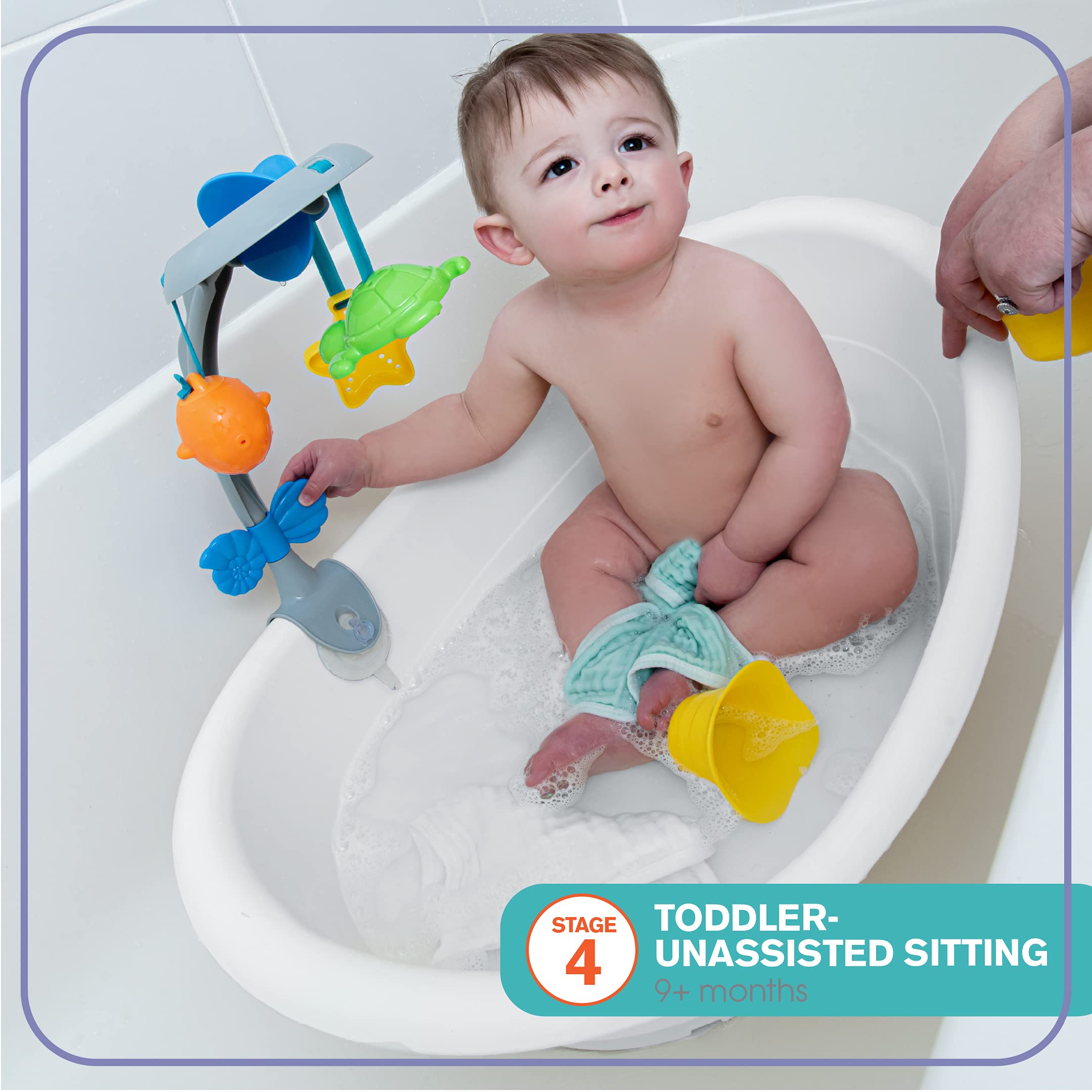 Summer Gentle Support Multi-Stage Tub with Toys - for Ages 0-24 Months - Includes Soft Support, Toy bar and Bath Toys, A Hook for Storage and Dying, and A Drain Plug, White/Blue, One Size