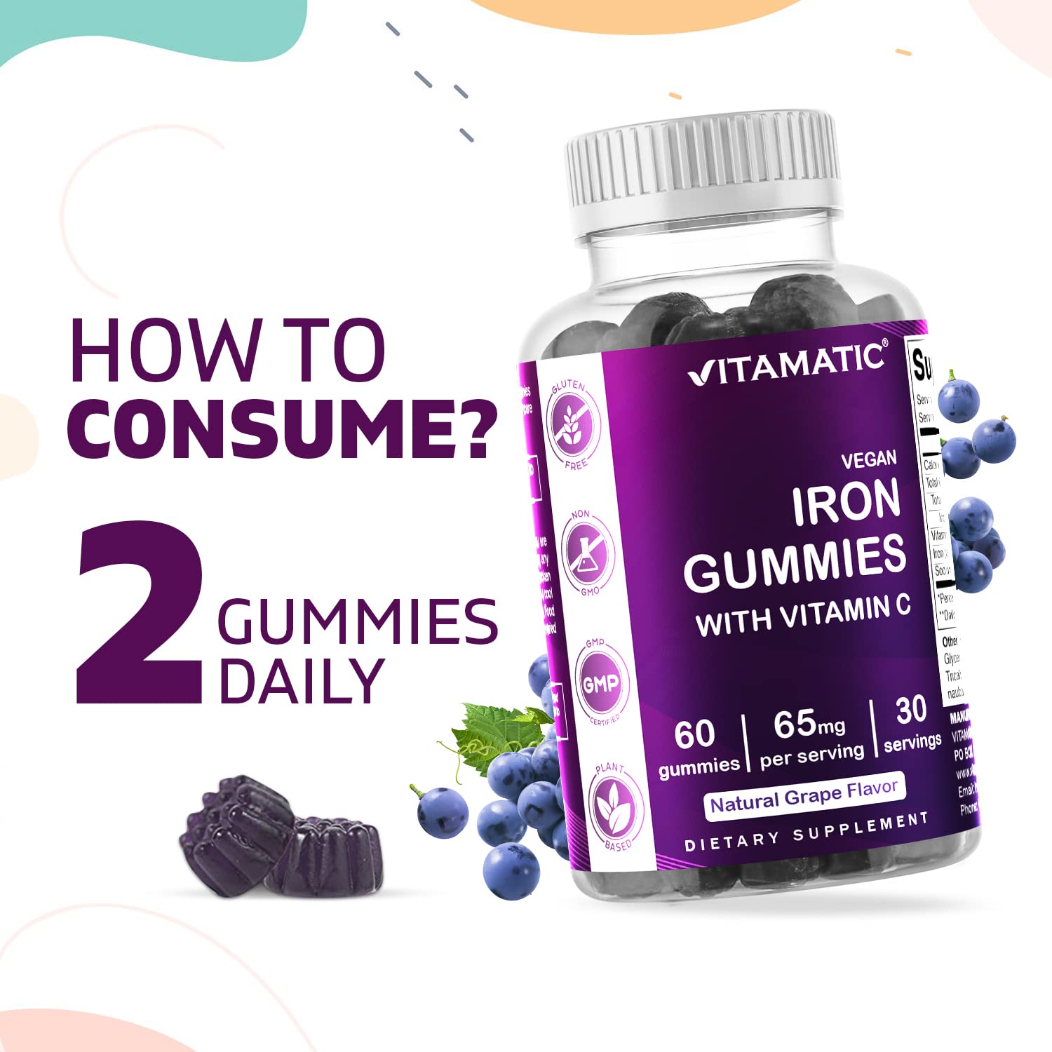 Vitamatic Iron 65 mg Gummies Supplement for Women & Men - 60 Vegan Gummies - Great Tasting Iron Gummy Vitamins with Vitamin C (1)