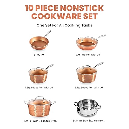 Gotham Steel Hammered Copper 10 Pc Pots and Pans Set Non Stick Cookware Set, Non Toxic Ceramic Cookware Set, Kitchen Cookware Sets with Induction Cookware, Pot and Pan Set, Oven/Dishwasher Safe