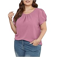 Plus Size Tops for Women Loose Casual Solid Color Chiffon Blouses Summer Puff Short Sleeve Round Neck Pleated Tshirts