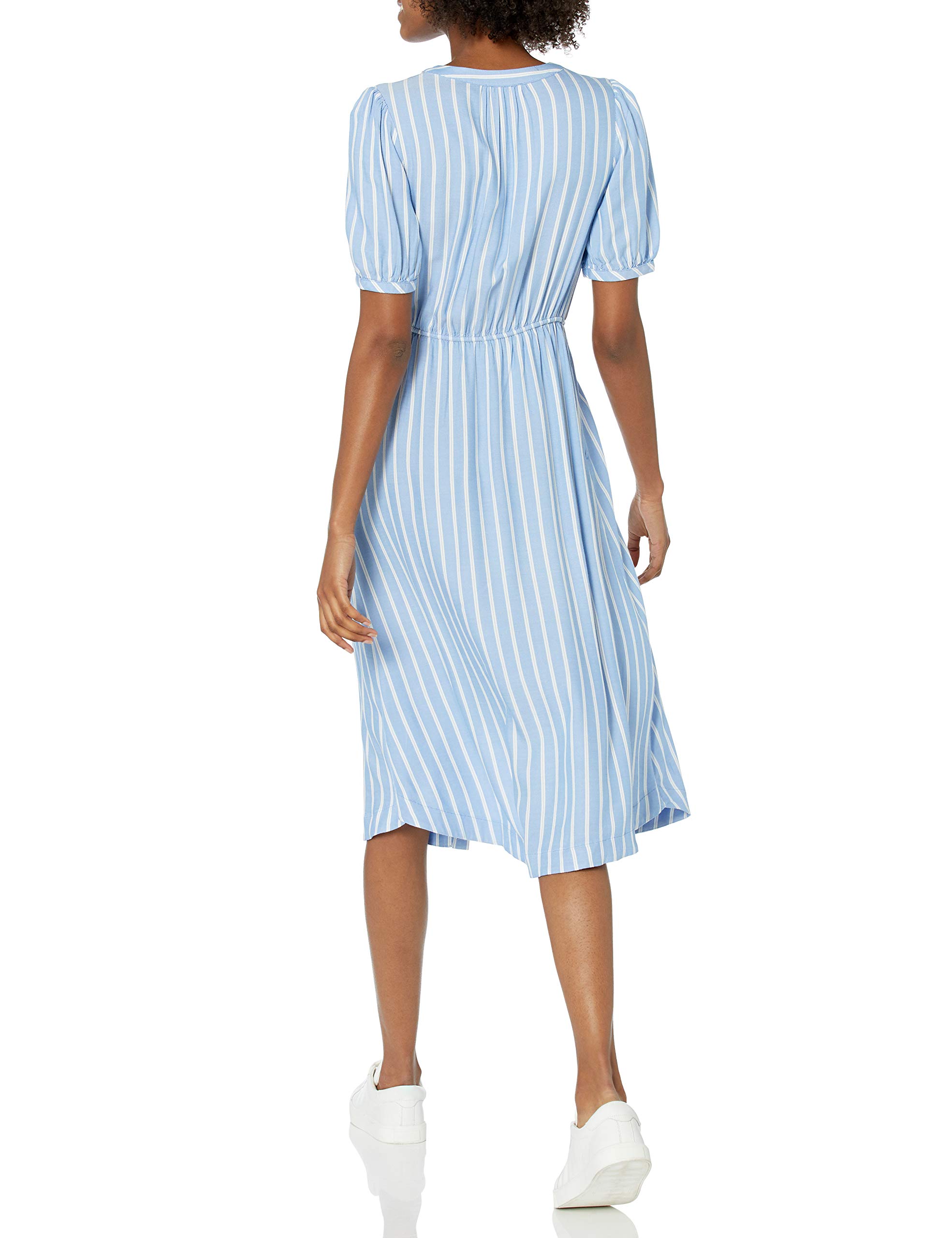 Amazon Essentials Women's Half-Sleeve Waisted Midi A-Line Dress, Blue/White, French Stripe, Large