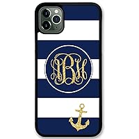 iPhone 11 Pro Max, Phone Case Compatible with iPhone 11 Pro Max [6.5 inch] Navy Blue Stripes Nautical Anchor Monogram Monogrammed Personalized IP11PM