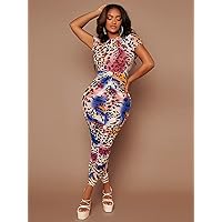 Women's Dress Allover Print Ruched Bodycon Dress Dress for Women (Color : Multicolor, Size : X-Small)