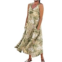 Round Neck Dress Womens Dressy Sleeveless Casual Retro Print Fashion with Pockets Ladies Swing Summer Trendy Dress