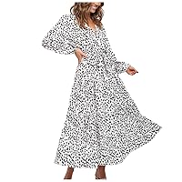 XJYIOEWT Sundresses for Women 2024 Short, Dress for Women Leopard Printed Long Sleeves V-Neck High Waist Fashion Casual