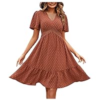 Dresses That Hide Belly Fat, Short Formal Dresses for Women Flowy Dresses Summer with Pockets Ladies Casual Sexy V-Neck Printed Five Quarter Sleeve High Waist A-Line Dress (M, Light Brown-2)