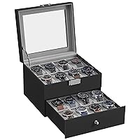 SONGMICS 16-Slot Watch Box, Watch Case with Glass Lid, 2 Layers, Lockable Watch Display Case, Black Synthetic Leather, Greenish Gray Lining UJWB016G01