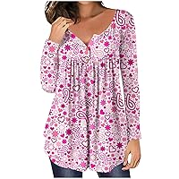 Womens Tops Button Down V Neck Long Sleeve Blouses Flowy Pleated Floral Printed Casual Loose Tunics T Shirt