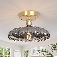 Semi Flush Mount Ceiling Light, Gold Hallway Vintage Lights Fixture Ceiling with Grey Flower Glass, Bulb Included, 4.72
