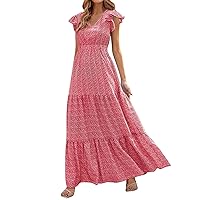 XJYIOEWT Floral Dress for Women Wedding Guest,Border Foreign Trade and Women's Clothing 2023 Printed V Neck Waist Long S