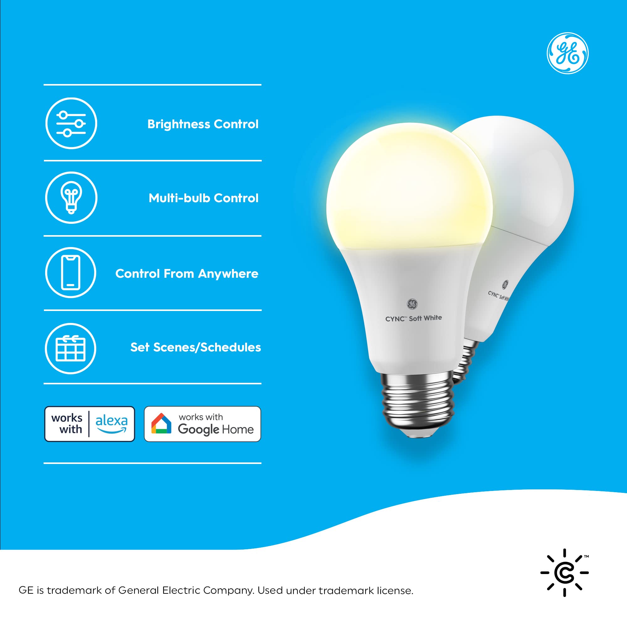 GE Lighting CYNC Smart LED Light Bulbs, Soft White, Bluetooth and Wi-Fi, Works with Alexa and Google Home, A19 Bulbs (2 Pack)