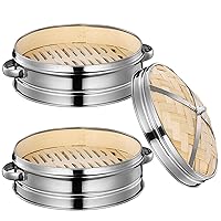 Bamboo Steamer 2 Tiers Bamboo Steamer Basket with Lid and Binaural Handle Hollow Dumpling Steamer with Stainless Steel Ring for Cooking Dim Sum Buns Dumplings Vegetables, Home Kitchen Accessories