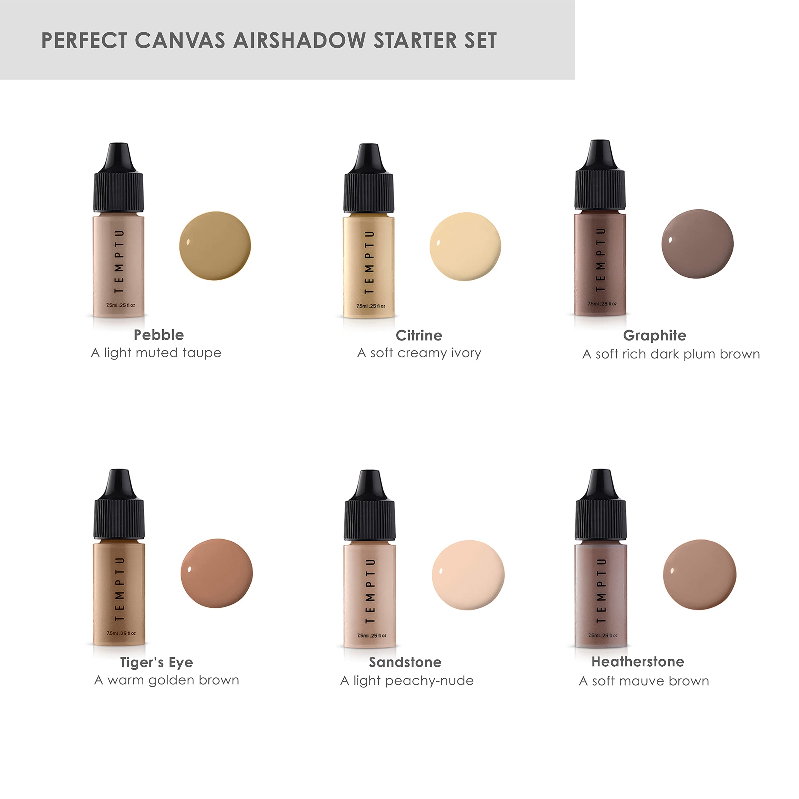 TEMPTU Perfect Canvas Airbrush Eyeshadow Starter Set: Long-lasting, Quick-Setting Airbrush Eyeshadows | Neutral, Earth-Toned Palette | Includes 6 Shades