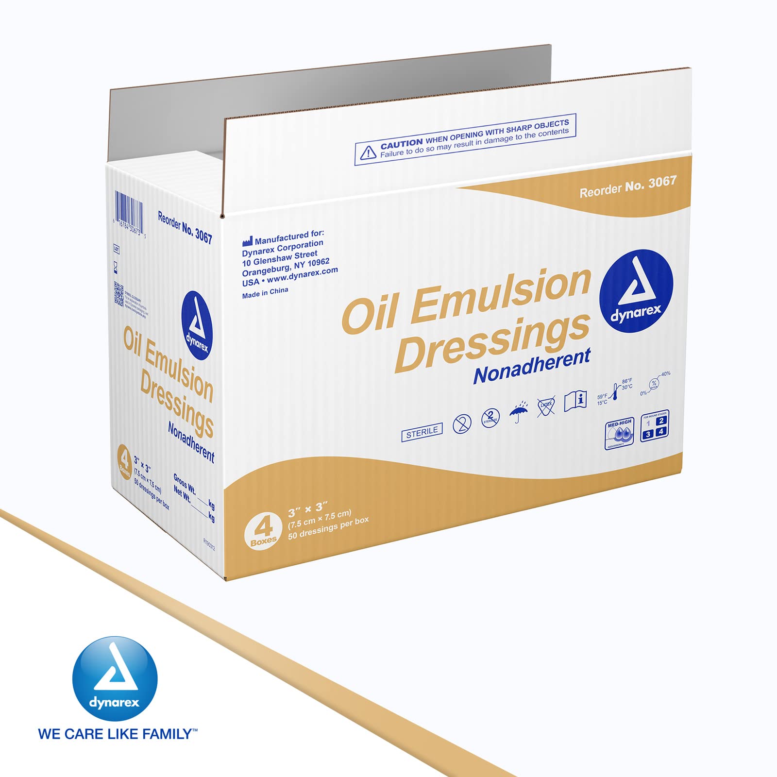 Dynarex Oil Emulsion Dressings, Wound Care, Absorbent, 3” x 3” Sterile Knitted Gauze Dressing with Emulsion Blend of Petrolatum and Sunflower Oil, 1 Case of 200 Dressings